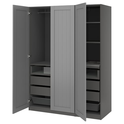 A gray ikea PAX wardrobe with open doors, featuring shelves, drawers, and compartments.