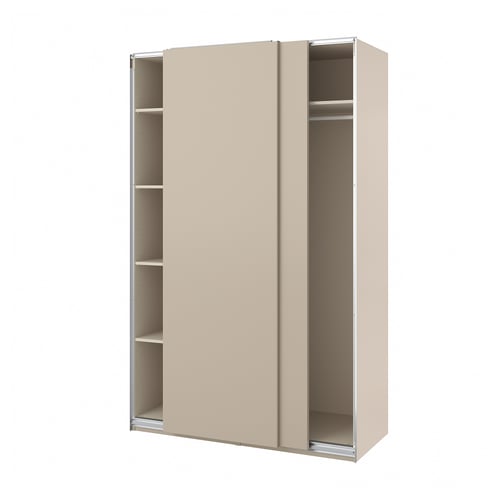 A beige PAX wardrobe with sliding doors and interior shelves.