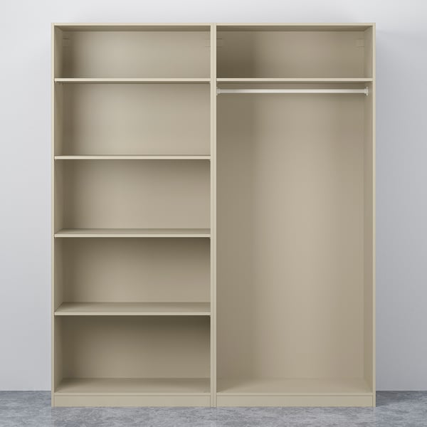 Beige PAX wardrobe with three shelves on one side and hanging rail on the other, standing against a wall.