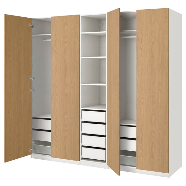 PAX wardrobe: 3 section, light wood, white interior, shelves & drawers.