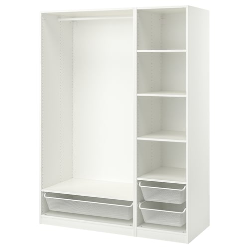 A white ikea PAX wardrobe with open shelves and mesh drawers.