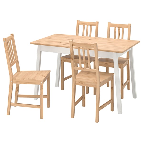 A light-colored wooden dining set named PINNTORP with a rectangular table and four matching chairs, designed with a sturdy, minimalist look.