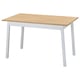Modern rustic table, light wood top, white legs, rectangular shape. Perfect for small spaces, seats 4.