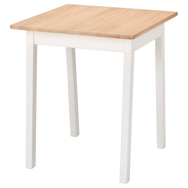 A small, square dining table named PINNTORP with a light wood top and white legs. Simple and sturdy, ideal for small spaces.