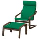 Green POÄNG chair & stool, curved wood, cushioned, durable.