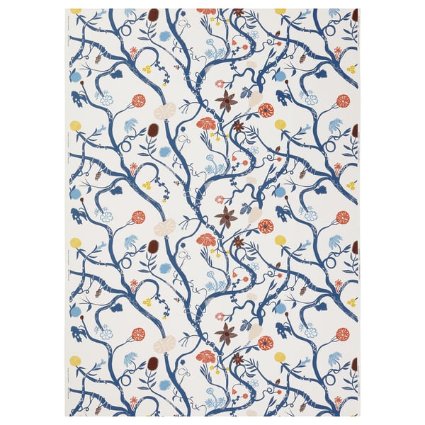 REVFINGERÖRT fabric: white base, blue floral branches, various coloured flowers, eco-friendly cotton.