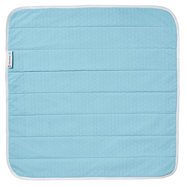 Blue rectangular cooling pad, made of recycled polyester and nylon, quilted design.
