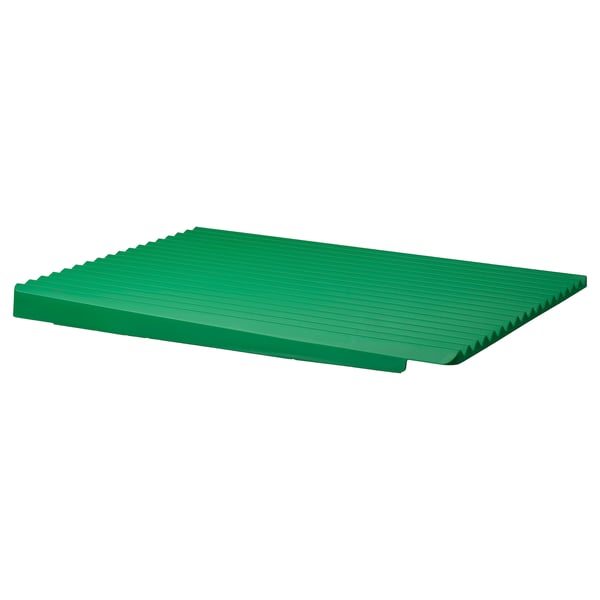 Green double-sided dish drainer, rectangular, slanted design, made of polypropylene plastic and synthetic rubber feet.