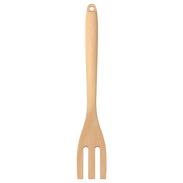 A wooden kitchen utensil named RÖRT with a brown handle and a forked tip at the end. It is designed to be gentle on cookware.