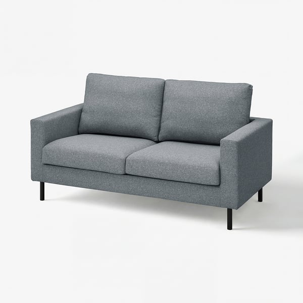 Modern grey sofa with clean lines, wide cushions, and black legs.