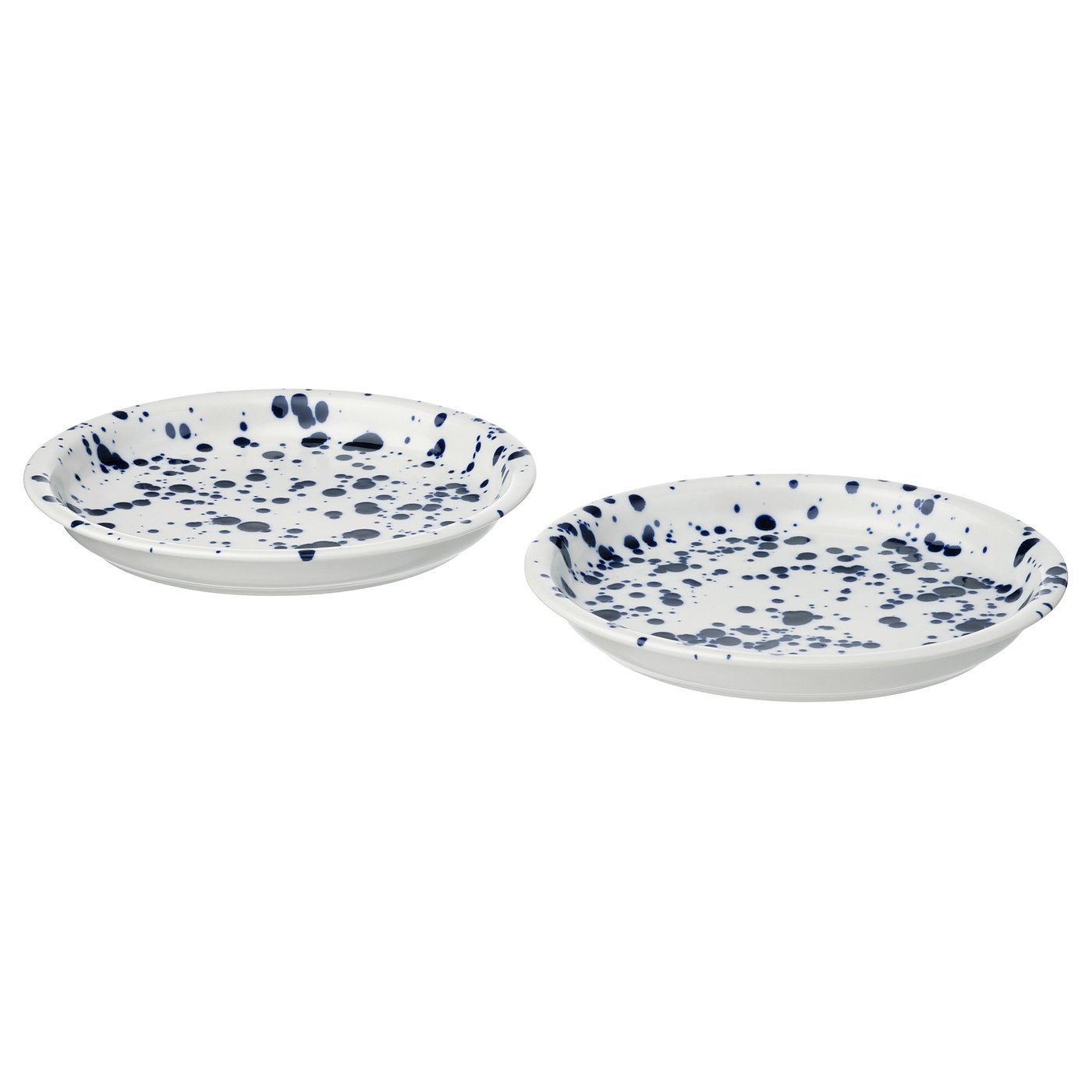 Two white plates with blue speckles, round shape, easy-grip edges, made of stoneware.
