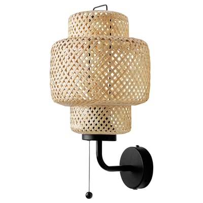 SINNERLIG bamboo wall lamp with warm glow & pull switch.