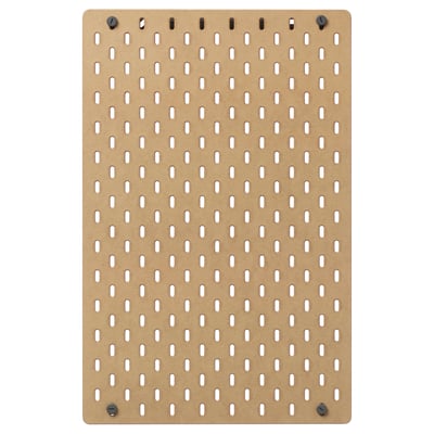 SKÅDIS pegboard, beige, rectangular, grid pattern with evenly spaced holes, featuring four metal hooks.