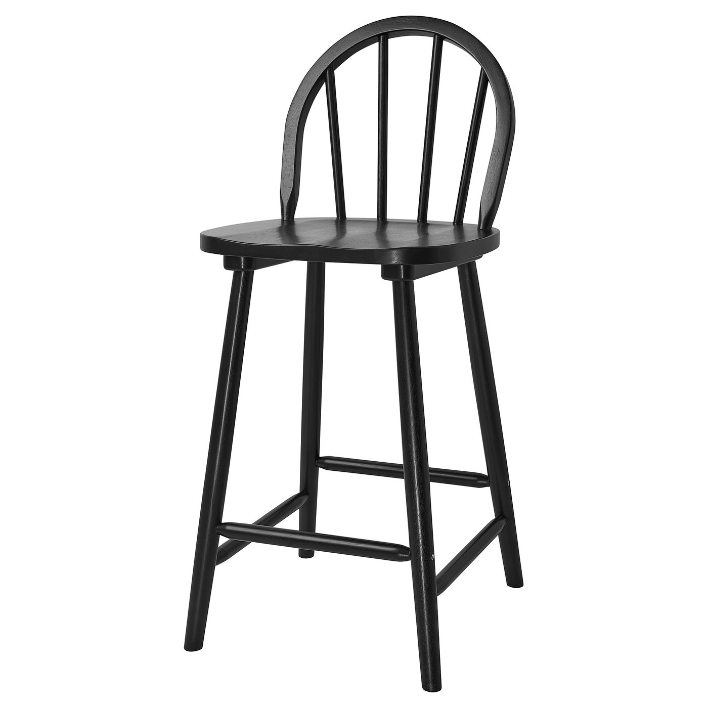 A black SKOGSTA bar stool with a round seat and curved backrest. Made of acacia wood, it has a sleek, modern design.
