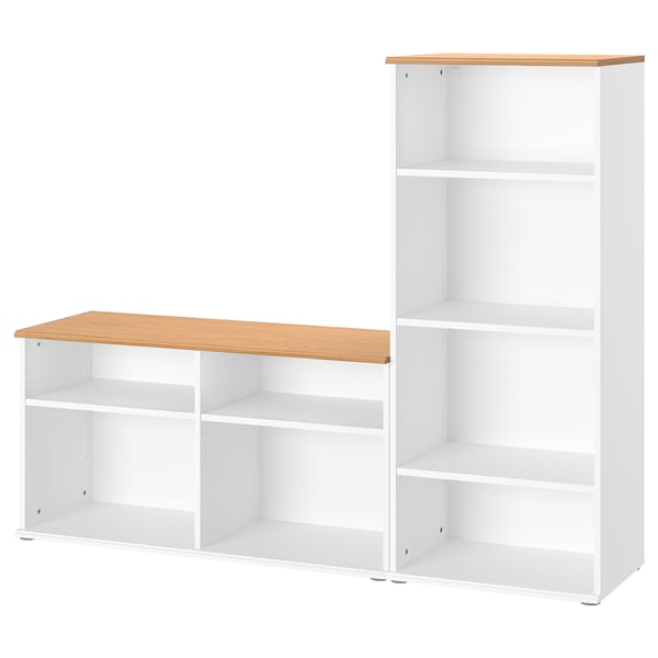 White SKRUVBY tv bench and bookcase set, wooden tops, minimalist design.