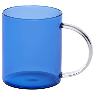 SKUGGSTUBB blue glass mug. Round shape, clear handle. Heat-resistant glass.
