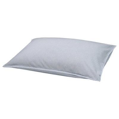 A blue and white striped solfibo sofa cushion made of 100% cotton. It is rectangular with a soft, padded shape.