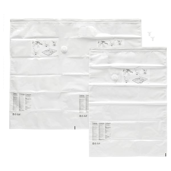Two large clear plastic bags with zippers, instructions, and recycling logos. Ideal for vacuum sealing.