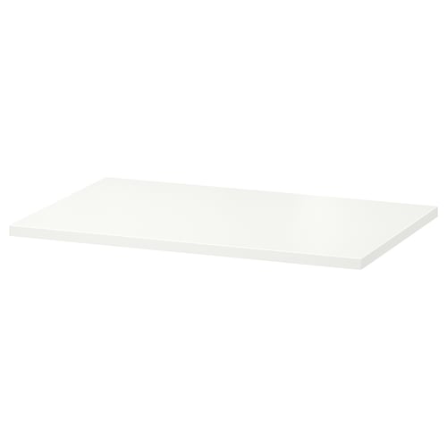 White rectangular shelf, flat surface made of particleboard.