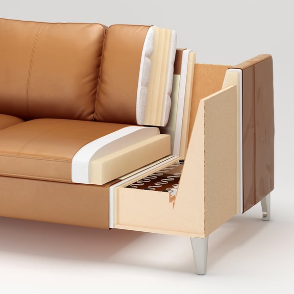Cut-away sofa showing layers: leather exterior, foam seat, zigzag springs, particleboard frame.