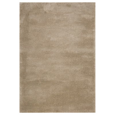 STOENSE beige rug: soft, thick pile, light sheen, recycled polyester & polypropylene, rectangular, plain.