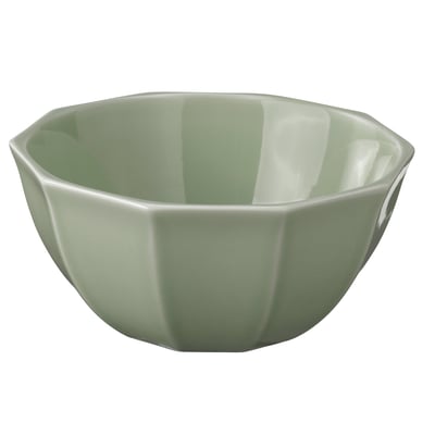 A green ceramic bowl named STRIMMIG. It has a textured exterior with a shallow, wide shape, and a glossy finish.