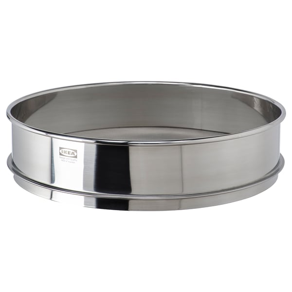 This is an ikea STRÖAD stainless steel sifter, round, with a shiny silver finish and fine mesh bottom, designed for baking and decorating cakes.