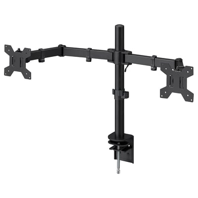 Black dual monitor stand mounts screens vertically and horizontally using clamp, steel and plastic.