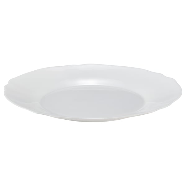SVENSKMÅLLA: white, round plate with wavy edges, made of tempered glass. Elegant, simple design, perfect for any meal.