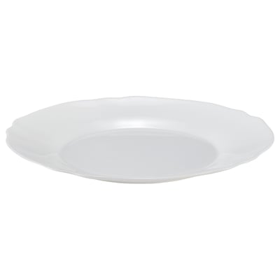 SVENSKMÅLLA: white, round plate with wavy edges, made of tempered glass. Elegant, simple design, perfect for any meal.