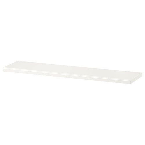 A white rectangular wall shelf named TRANHULT, made from solid wood, with a smooth and bevelled edge.