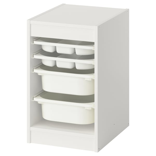 White TROFAST storage unit with adjustable shelves for organising small items.
