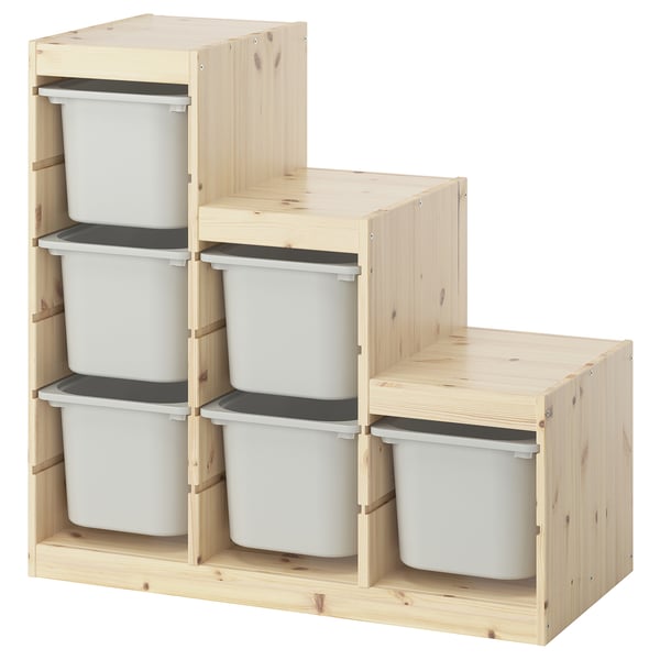 TROFAST childrens storage in light wood with white containers, square shape, organised design.