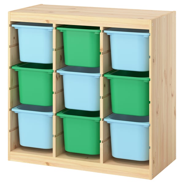 TROFAST Storage combination with boxes, room divider light white stained pine/light blue bright green, 93x44x91 cm
