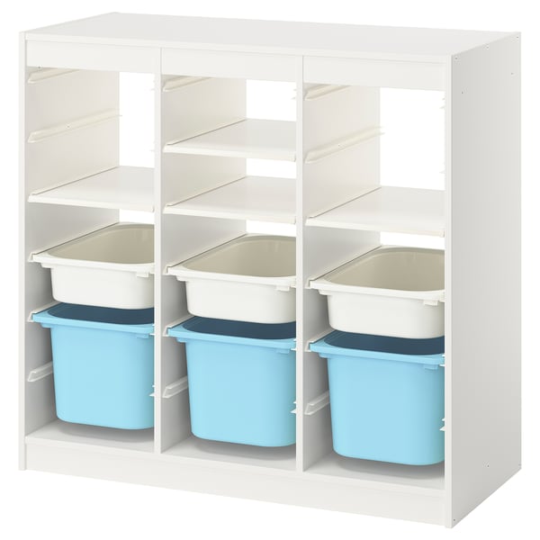 TROFAST Storage combination, with shelves/boxes room divider/white light blue, 99x44x95 cm