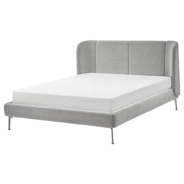 Modern grey bed, TUFJORD, curved head, metal legs, recycled materials.