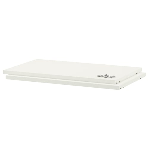 A single white UTRUSTA shelf made of melamine, rectangular in shape. It is designed for storage and has a smooth, scratch-resistant surface.