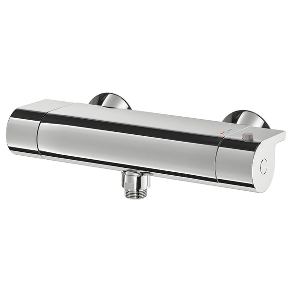 Chrome shower mixer with sleek design, long body, round knobs, built-in shelf, 38°c stop.