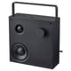 VAPPEBY black bluetooth speaker. Rectangular, metal handle top. Two round speakers, one central dial. Modern, sleek design.
