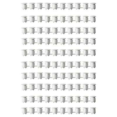 Rows of white VARIERA plastic cover caps, cylindrical with ribbed texture, uniformly aligned in a grid.