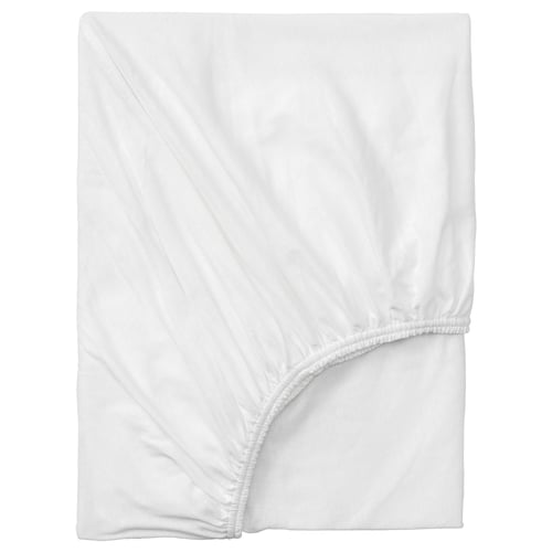 White VÅRVIAL cotton fitted sheet, rectangular, jersey knit, elastic edges for secure fit.