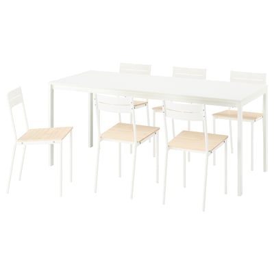 VIHALS white dining set: rectangular glass table, four wooden chairs. Sleek, modern design. Easy assembly and extendable.