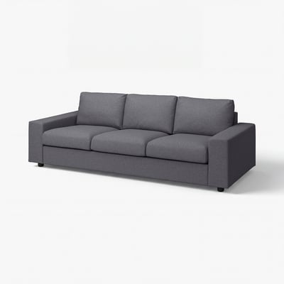 VIMLE sofa: modern grey fabric 3-seater with wide armrests, clean lines, supportive seat and back cushions.
