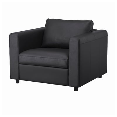 A VIMLE black leather chair with a square, modern design and sturdy legs.