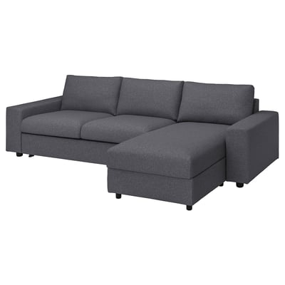 Grey VIMLE sofa-bed, modern design with reversible chaise, made from recycled polyester.