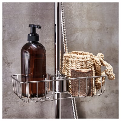Shower caddy, VOXNAN, chrome, stainless, holds soap and bottle.