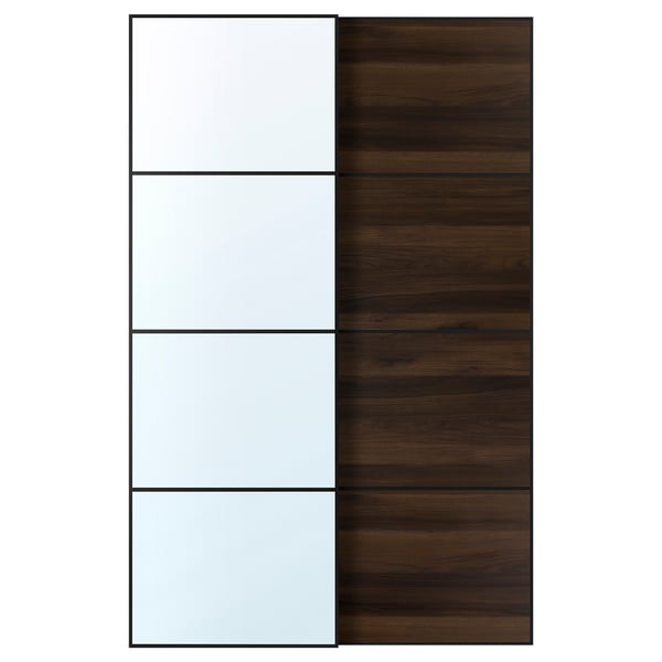 AULI / MEHAMN Par drsnih vrat, črna ogledalo/dvostransko temno rjava/imitacija rjav hrast, 150x236 cm