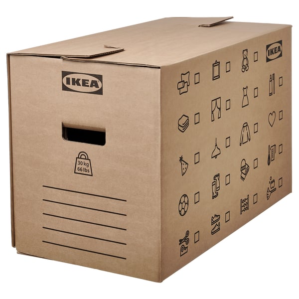 Kartonska premičalna škatla IKEA DUNDERGUBBE, rjava, z izrezanimi ročaji za enostavno dvigovanje, z različnimi simboli za označevanje vsebine.