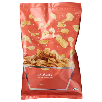 Rdeč paket krompirjevega čipsa ikeas ENSTÄMMIG. Prikazuje čips, teža 150g.