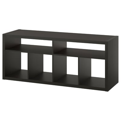 Črna IKEA KALLAX TV klop: sodobna, kubične odprte police, ravna zgornja, lesena, organizira medije, enostaven dostop do kabla.